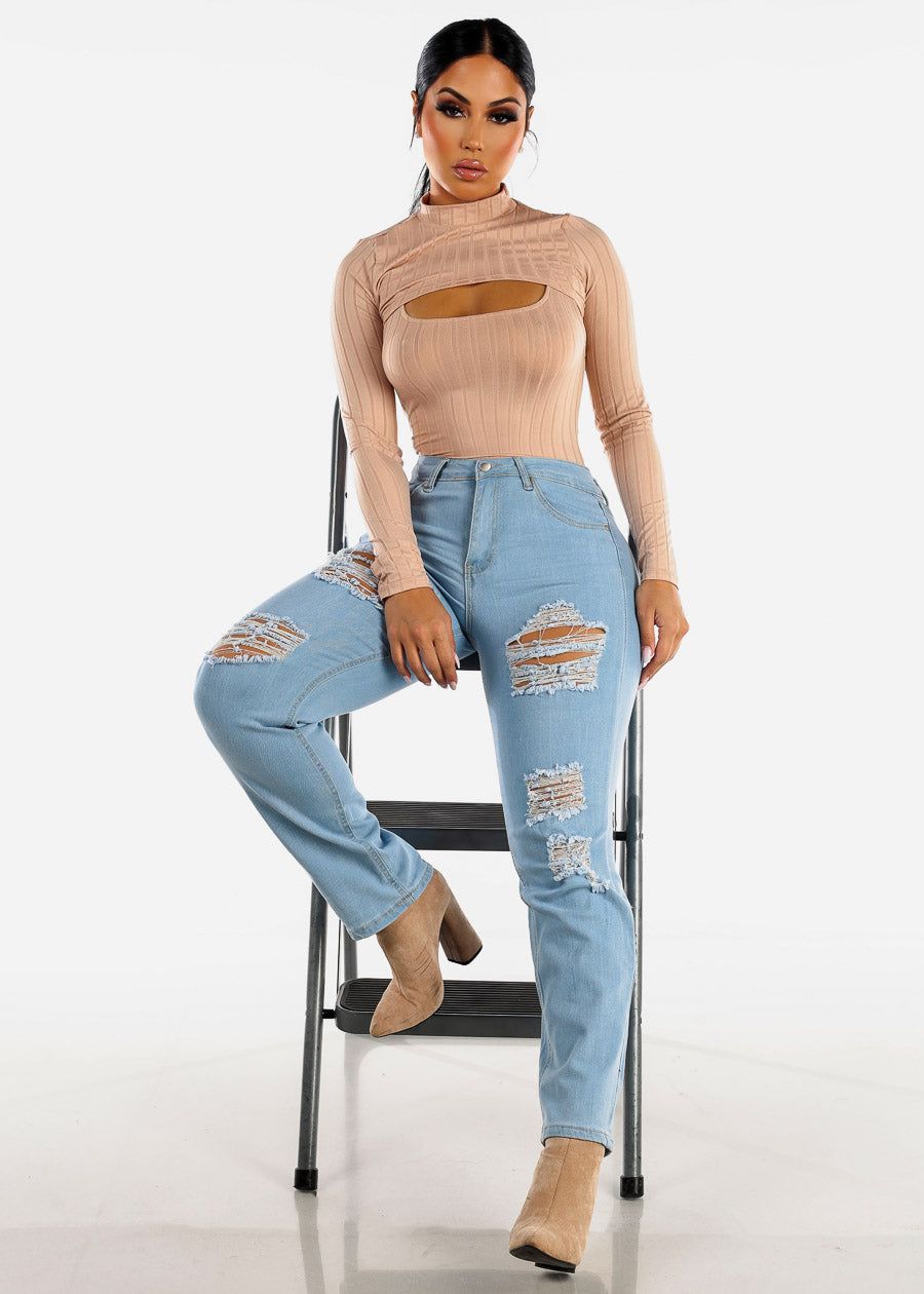 Mid Rise Distressed Bootcut Light Jeans sold by Moda