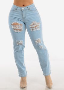 Mid Rise Distressed Bootcut Light Jeans sold by Moda