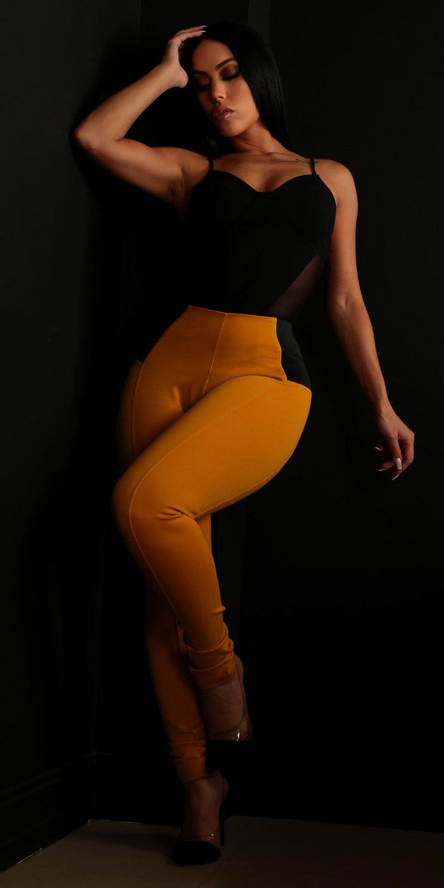 Spandex Waist Mustard Skinny Pants with Black Sweetheart Neck Bodysuit sold by Moda