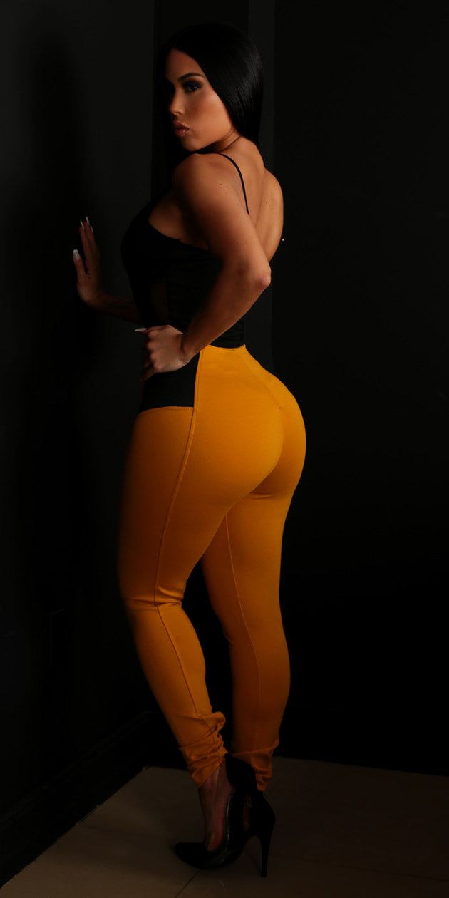 Spandex Waist Mustard Skinny Pants with Black Sweetheart Neck Bodysuit sold by Moda product image thumbnail 2