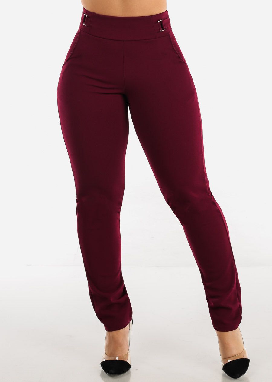 High Waist Pull On Straight Leg Burgundy Pants sold by Moda