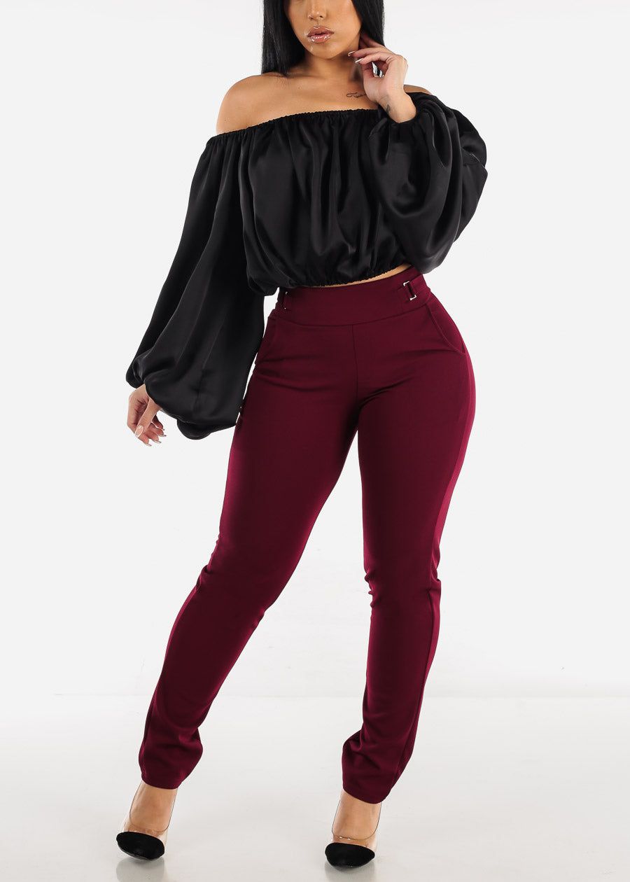 High Waist Pull On Straight Leg Burgundy Pants sold by Moda product image thumbnail 2