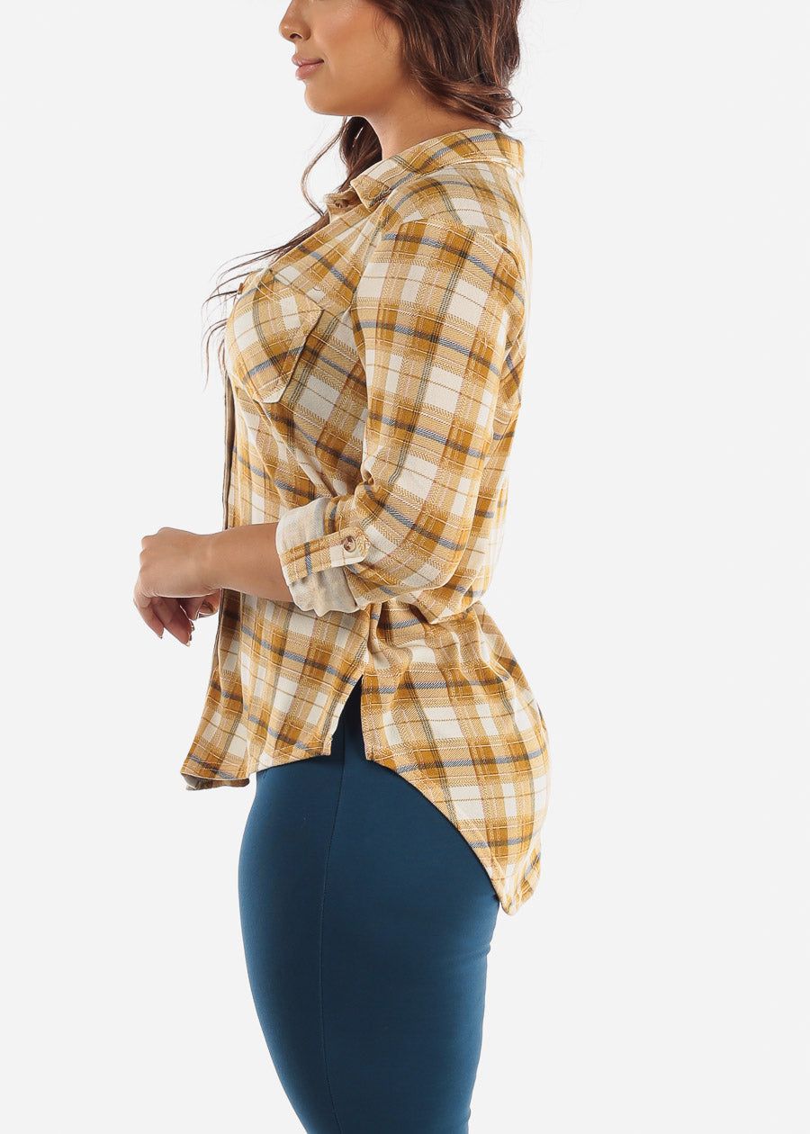 Button Up High Low Plaid Shirt Mustard sold by Moda product image thumbnail 3