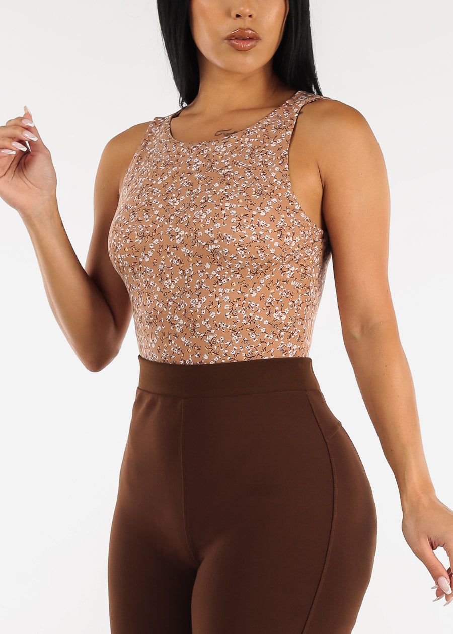Sleeveless Floral Thong Bodysuit Mocha sold by Moda