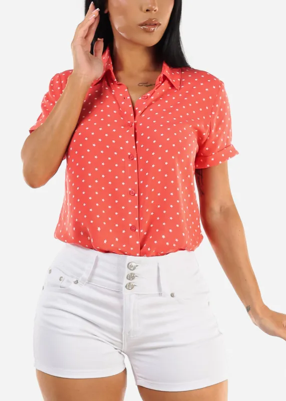 Short Sleeve Button Up Printed Shirt Coral sold by Moda