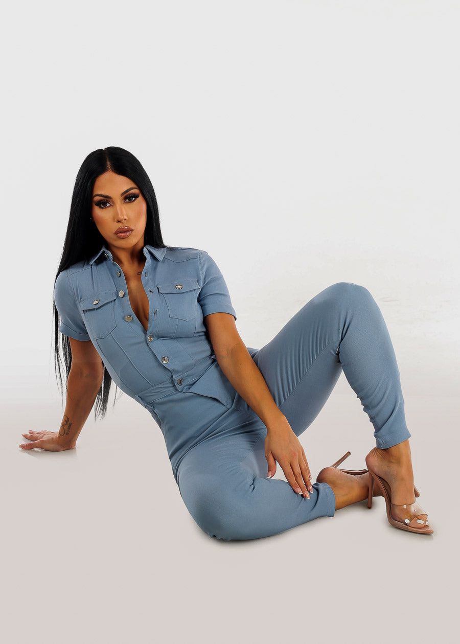 Hyper Stretch Short Sleeve Jumpsuit Light Blue sold by Moda