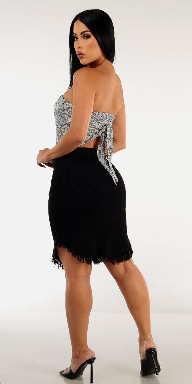 Fringe Hem Black Denim Mini Skirt with Satin Blue Printed Bandana Crop Top sold by Moda product image thumbnail 2