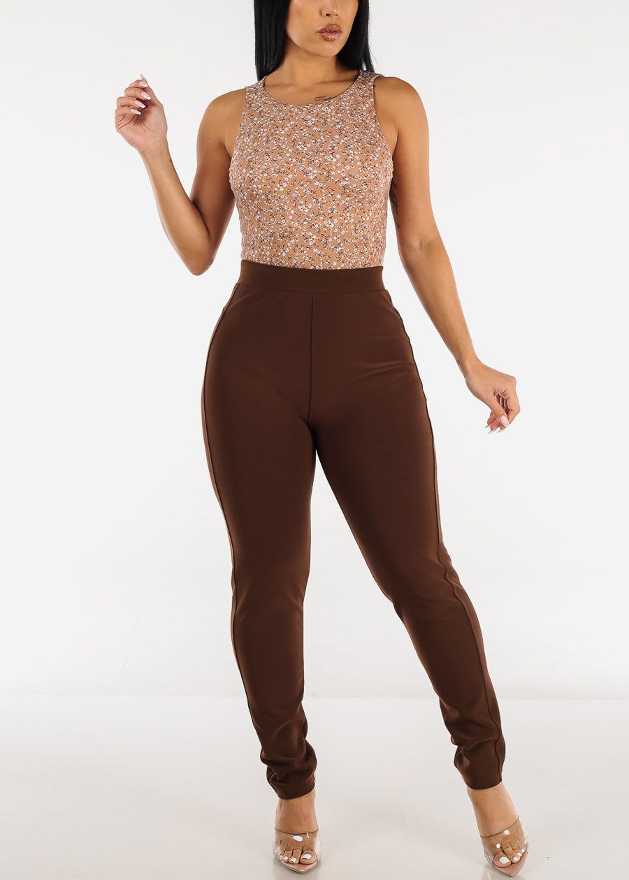 Sleeveless Floral Thong Bodysuit Mocha sold by Moda product image thumbnail 5