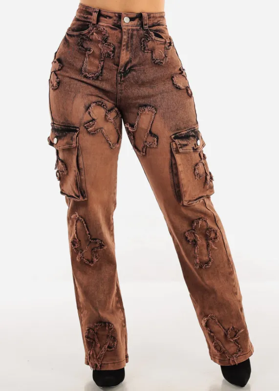 High Waist Straight Wide Leg Cargo Jeans Brown w Cross Patch sold by Moda