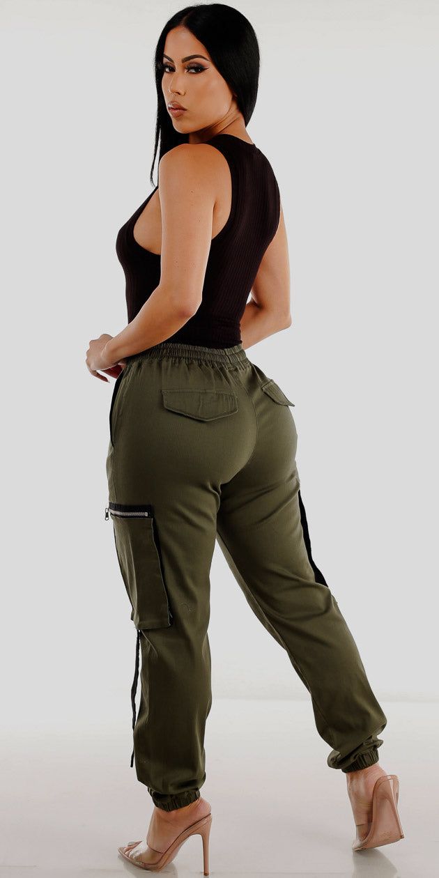 Olive Drawstring Waist Cargo Jogger Pants with Black Sleeveless Ribbed Bodysuit sold by Moda product image thumbnail 2