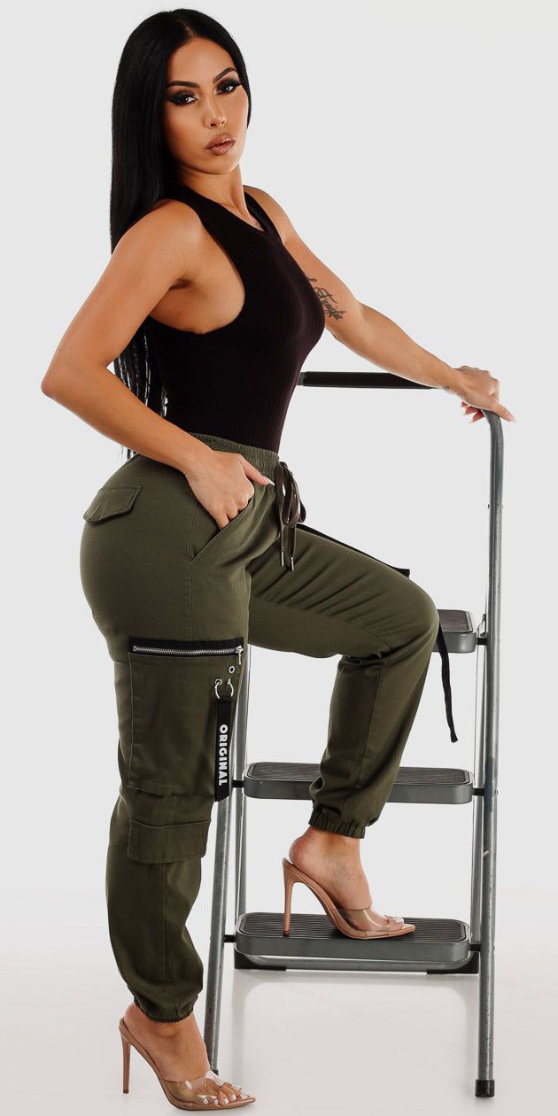 Olive Drawstring Waist Cargo Jogger Pants with Black Sleeveless Ribbed Bodysuit sold by Moda product image thumbnail 3