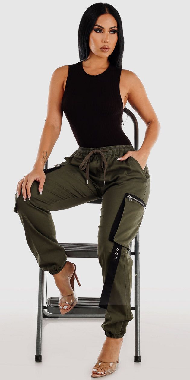 Olive Drawstring Waist Cargo Jogger Pants with Black Sleeveless Ribbed Bodysuit sold by Moda