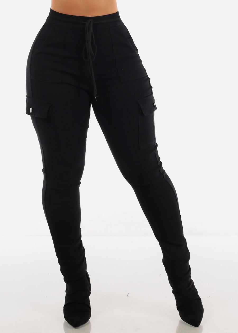 High Rise Drawstring Cargo Pants Black sold by Moda