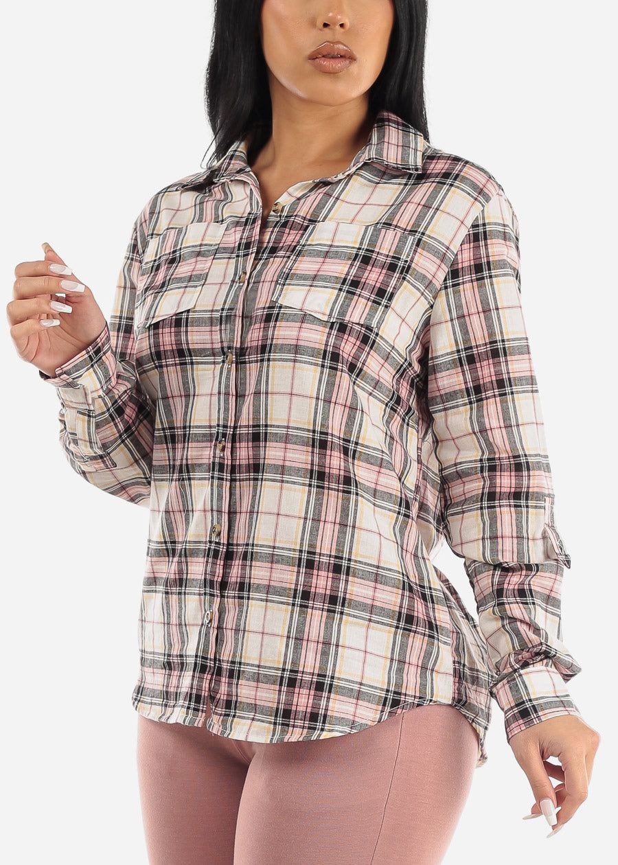 Long Sleeve Button Up Plaid Cotton Shirt Ivory & Rose sold by Moda