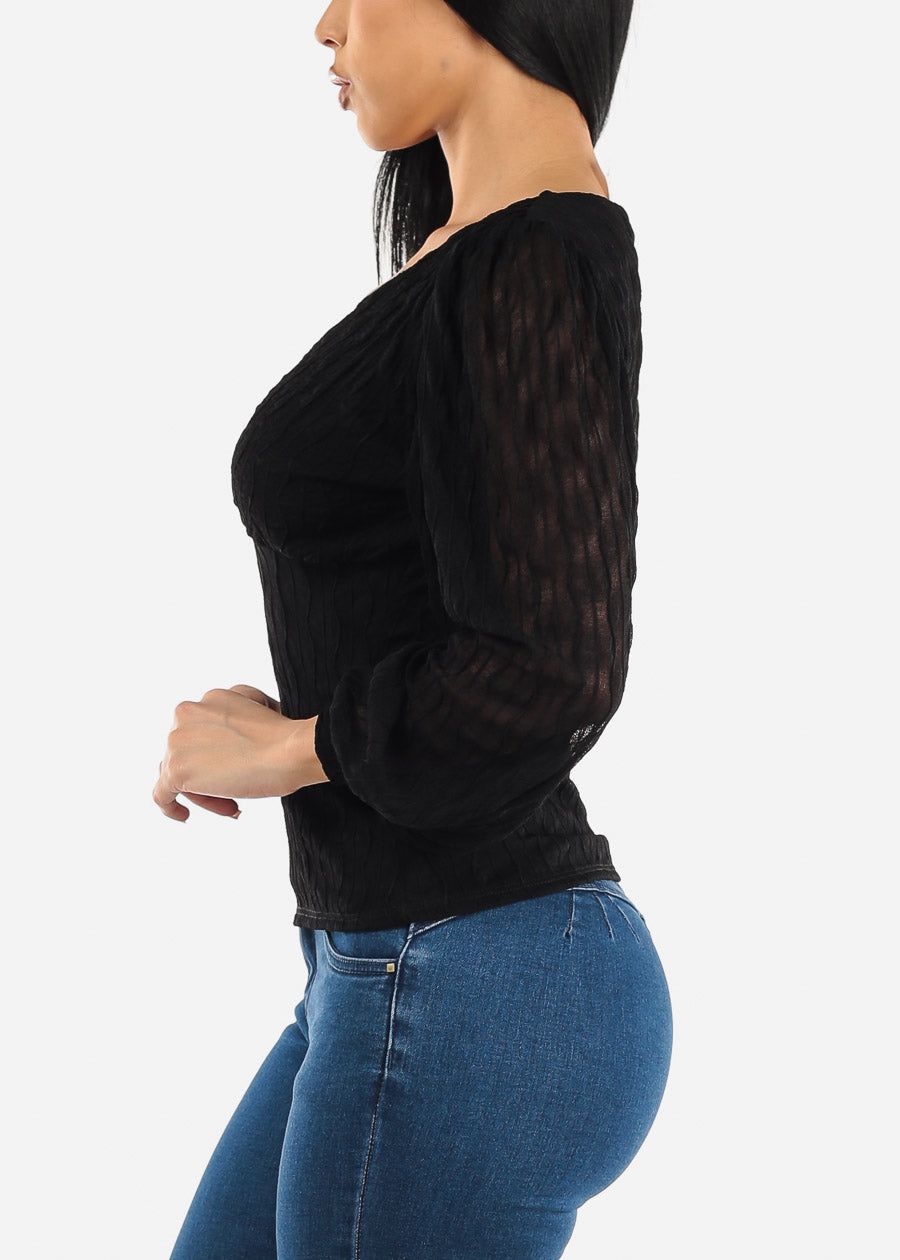 Textured Long Sleeve Black Surplice Blouse sold by Moda product image thumbnail 3
