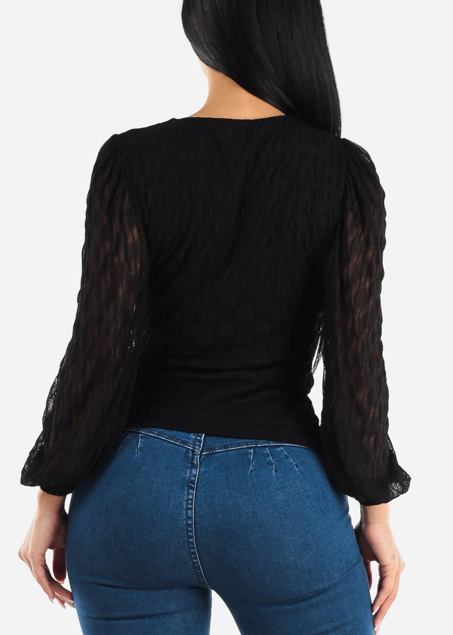 Textured Long Sleeve Black Surplice Blouse sold by Moda product image thumbnail 4
