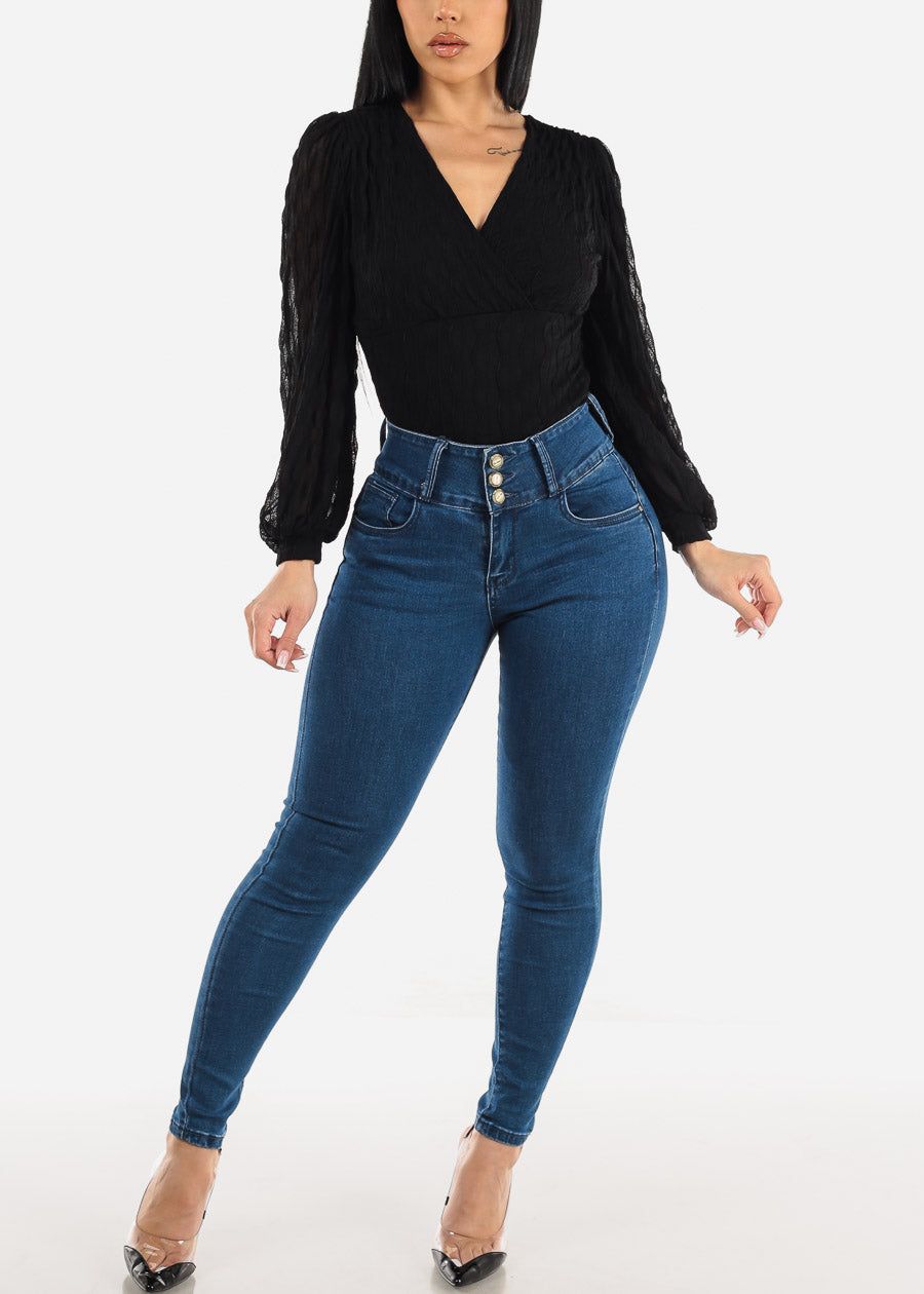 Textured Long Sleeve Black Surplice Blouse sold by Moda product image thumbnail 2