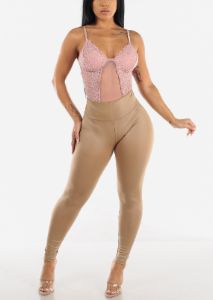 Sleeveless Lace Thong Bodysuit Pink sold by Moda