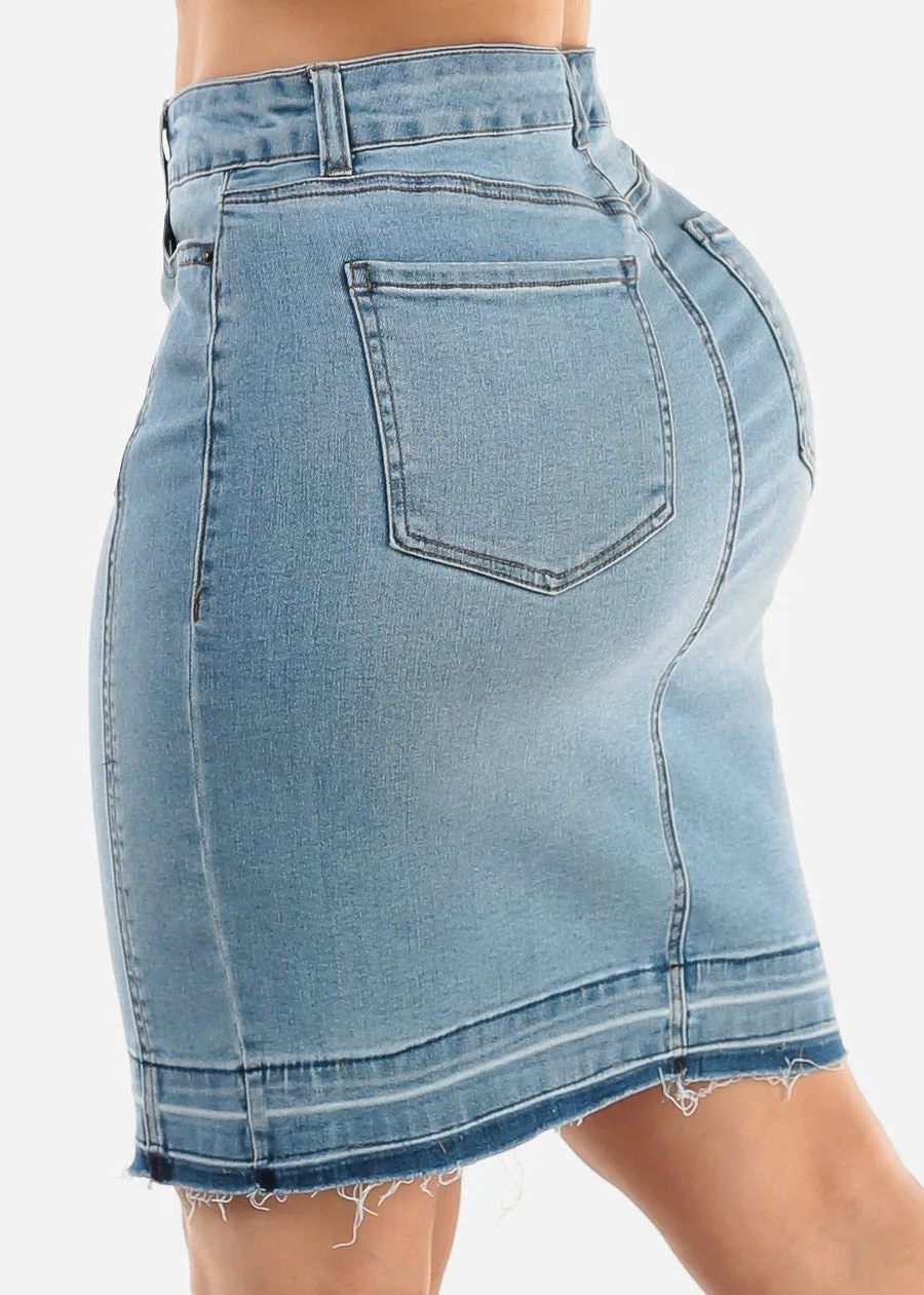 High Waisted Fringe Hem Denim Pencil Skirt Light Blue sold by Moda product image thumbnail 4