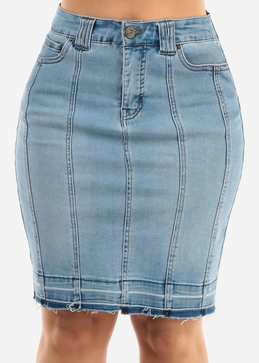 High Waisted Fringe Hem Denim Pencil Skirt Light Blue sold by Moda