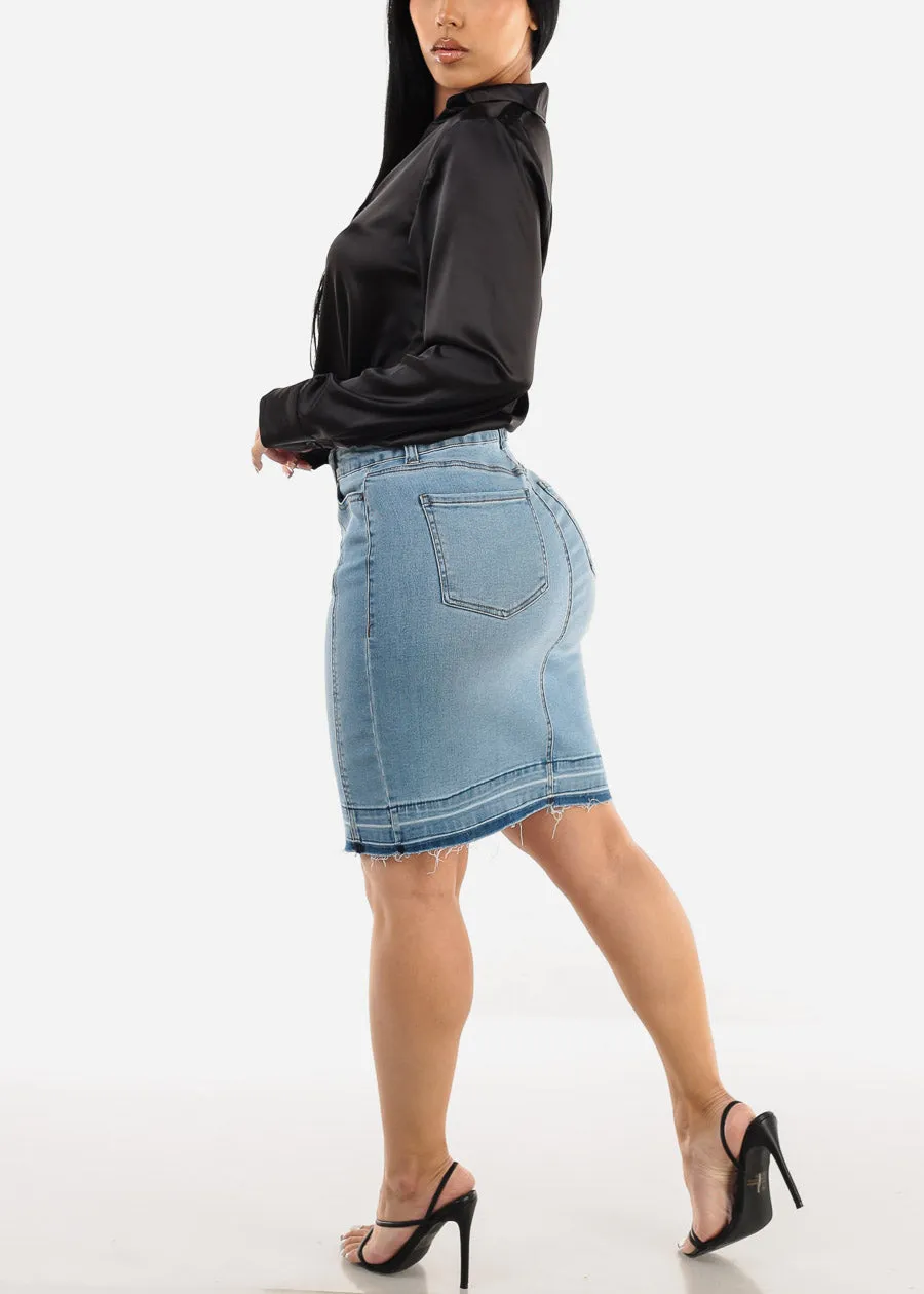 High Waisted Fringe Hem Denim Pencil Skirt Light Blue sold by Moda product image thumbnail 5