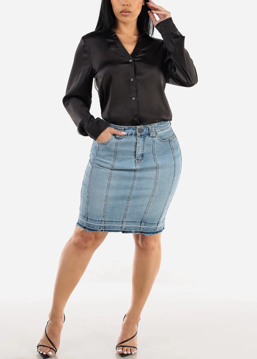 High Waisted Fringe Hem Denim Pencil Skirt Light Blue sold by Moda product image thumbnail 2