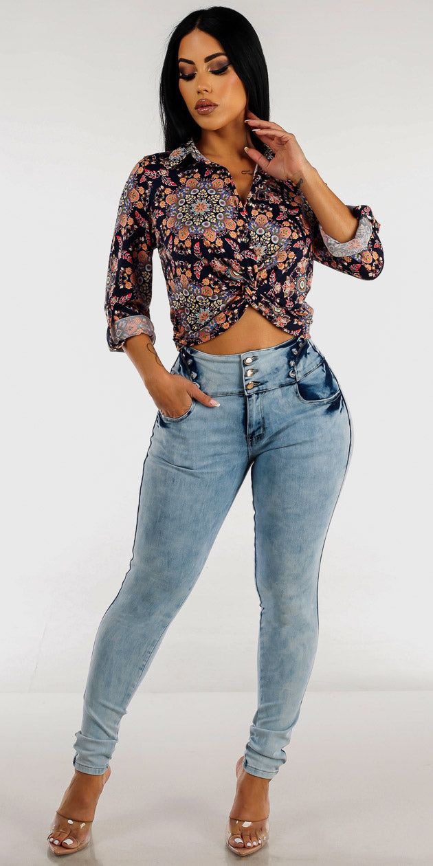 Acid Wash Butt Lifting Skinny Jeans with Button Up Knot Front Printed Shirt sold by Moda