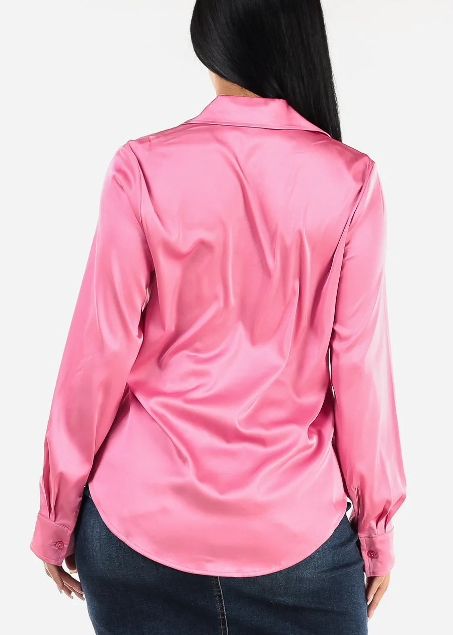 Long Sleeve Button Down Satin Tunic Shirt Hot Pink sold by Moda product image thumbnail 4