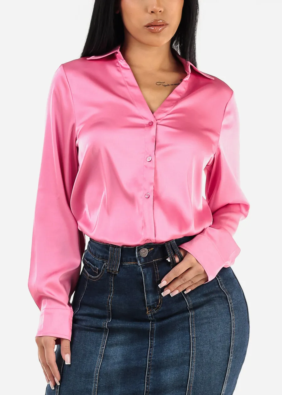 Long Sleeve Button Down Satin Tunic Shirt Hot Pink sold by Moda