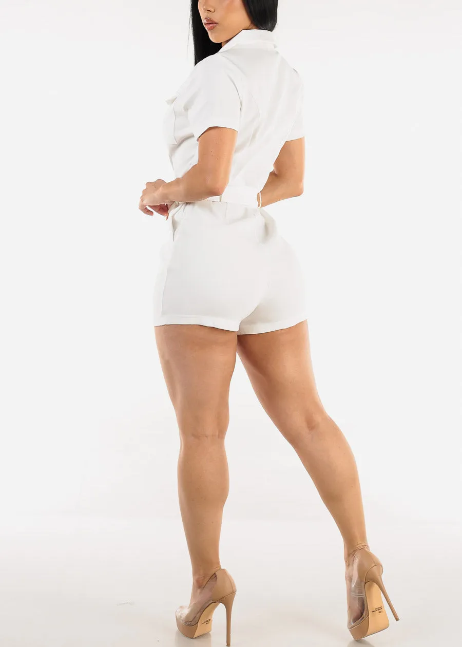 White Short Sleeve Button Up Belted Romper sold by Moda product image thumbnail 5