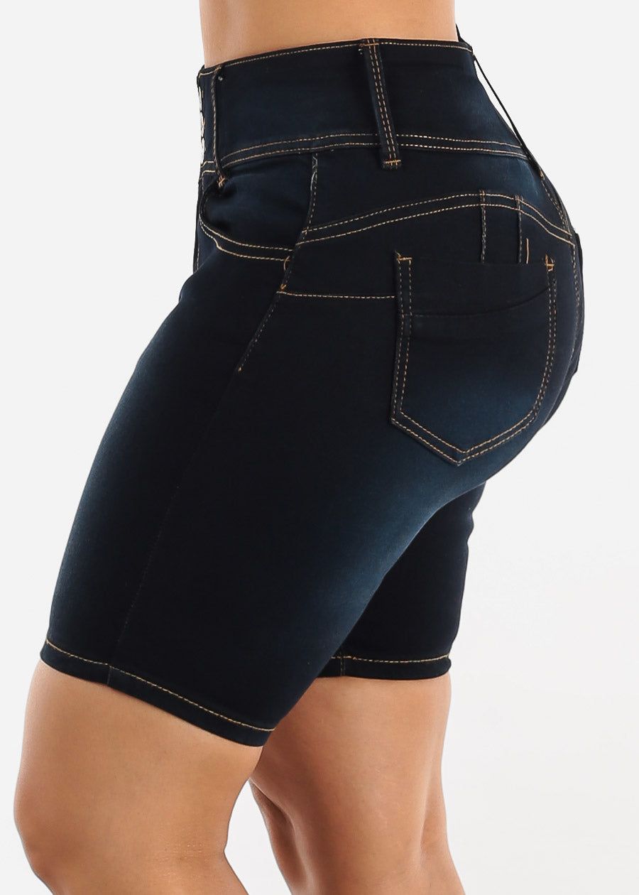 Mid Rise Butt Lifting Mid Thigh Denim Shorts Dark Wash sold by Moda product image thumbnail 4