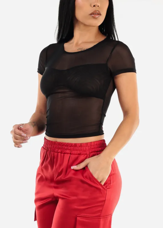 Fitted Short Sleeve Black Mesh Top sold by Moda