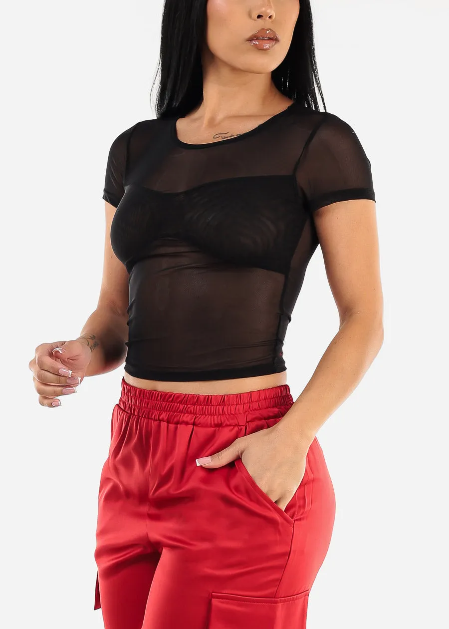 Fitted Short Sleeve Black Mesh Top sold by Moda