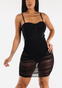 Bustier Ruched Sheer Mesh Black Bodycon Dress sold by Moda