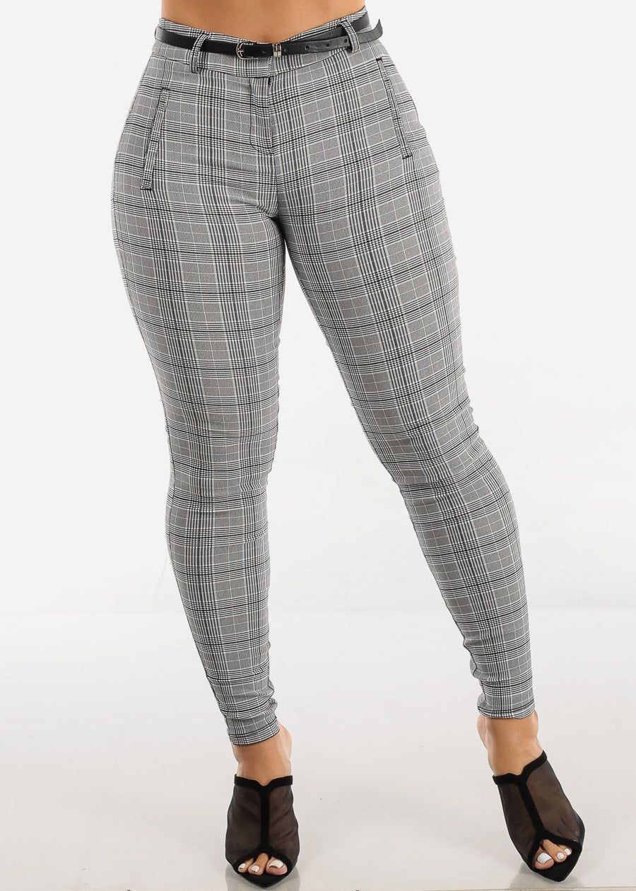 High Waisted Checkered Skinny Pants w Belt sold by Moda