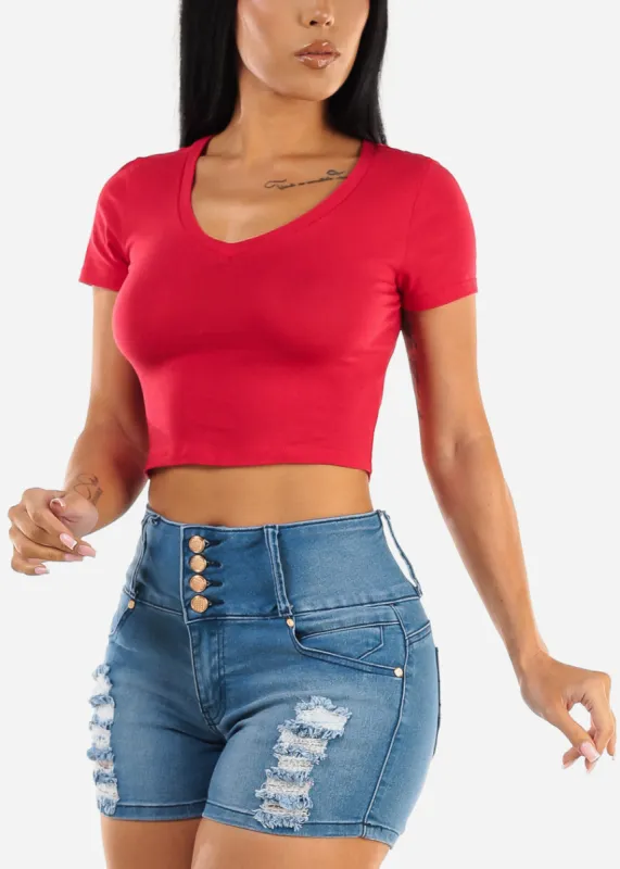Short Sleeve Vneck Crop Top Red sold by Moda