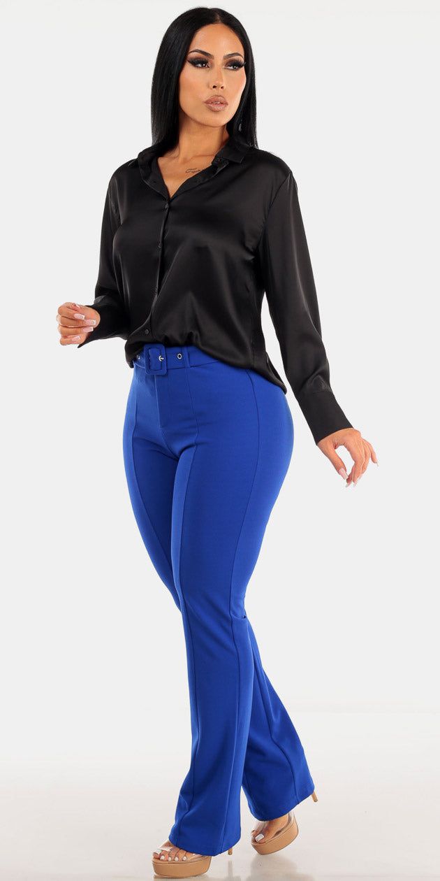 Blue High Rise Belted Straight Leg Dress pants with Black Long Sleeve Button Up Satin Shirt sold by Moda