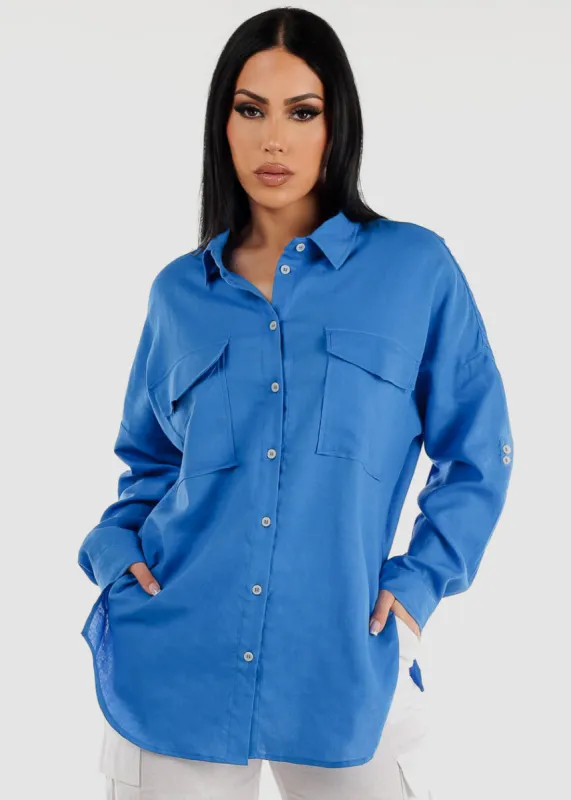 Blue Linen Oversized Button Down Shirt sold by Moda