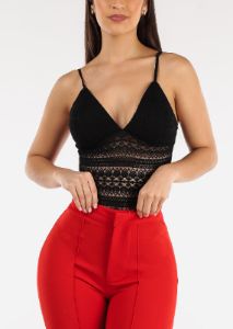 Black Floral Lace Thong Spaghetti Strap Bodysuit sold by Moda