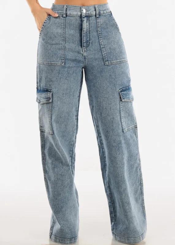 High Waist Wide Straight Leg Cargo Jeans Acid Wash sold by Moda
