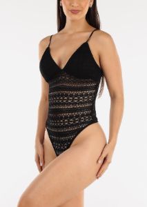 Black Floral Lace Thong Spaghetti Strap Bodysuit sold by Moda