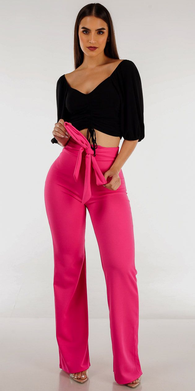 Wait Tie Wide Legged Fuchsia Pants with Black Vneck Ruched Crop Top sold by Moda