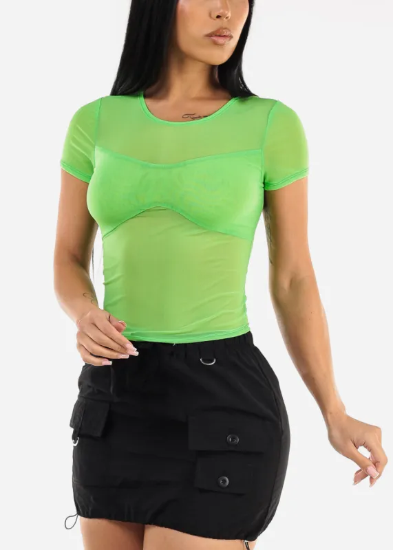 Fitted Short Sleeve Mesh Top Neon Green sold by Moda