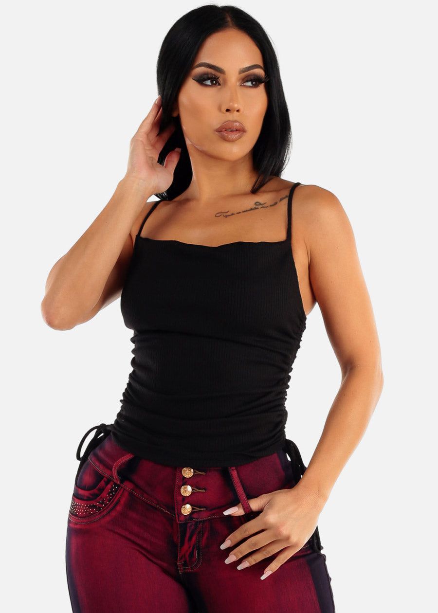 Black Sleeveless Cowl Neckline Top w Adjustable Drawstring Sides sold by Moda