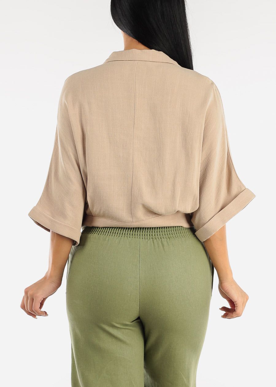 Front Tie Button Up Cropped Shirt Khaki sold by Moda product image thumbnail 4