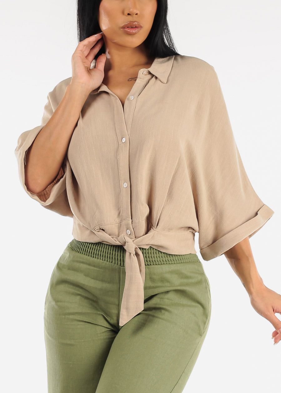 Front Tie Button Up Cropped Shirt Khaki sold by Moda