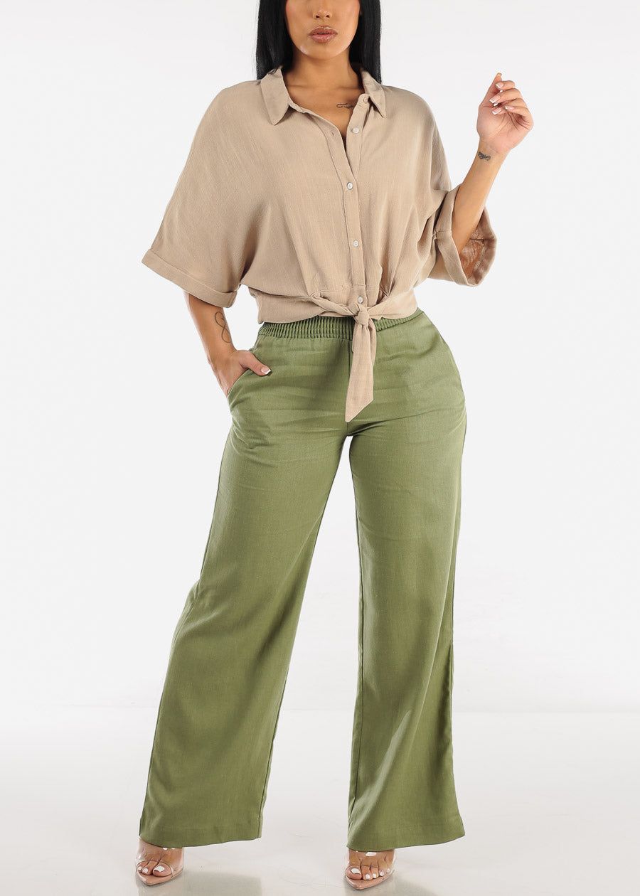 Front Tie Button Up Cropped Shirt Khaki sold by Moda product image thumbnail 2