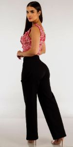 Black High Waist Wide Leg Straight Pants with Red Sleeveless Floral Crop Top sold by Moda