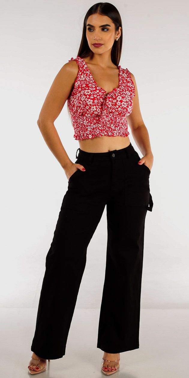 Black High Waist Wide Leg Straight Pants with Red Sleeveless Floral Crop Top sold by Moda