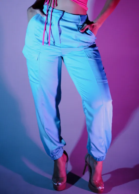 High Waist Satin Cargo Jogger Pants Aqua sold by Moda